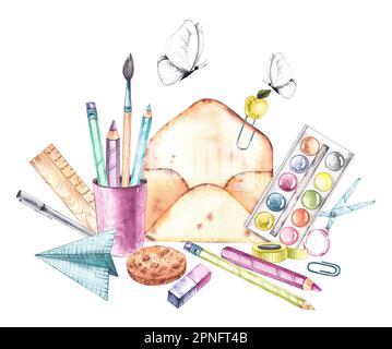 https://l450v.alamy.com/450v/2pnft4b/watercolor-composition-of-stationery-school-items-on-a-white-background-clipart-set-isolated-for-logo-design-business-card-flyer-banner-packaging-2pnft4b.jpg