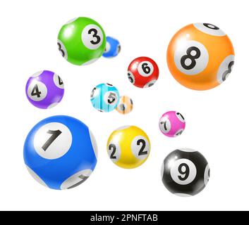 Bingo lottery balls, isolated 3d vector set of numbered spheres. Colorful flying lotto balls bounce and spin, dropping and falling randomly, bringing Stock Vector