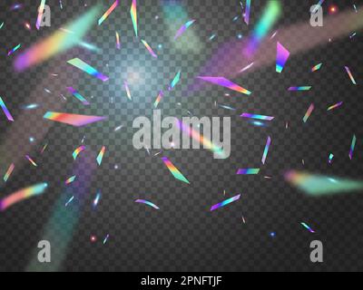 Holographic falling confetti glitters with bokeh light. Holiday celebration confetti, party glitter or disco shine vector transparent background with Stock Vector