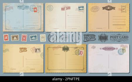 Antique postcards, retro postage stamps and vintage mail card, vector old postal backgrounds. Antique postcards and paper post letters in grunge frame Stock Vector