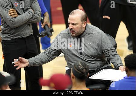 Cleveland, United States. 18th Apr, 2023. New York Knicks head coach Tom Thibodeau talks to the team during a time out against the Cleveland Cavaliers in the second half at Rocket Mortgage FieldHouse in Cleveland, Ohio on Tuesday, April 18, 2023. Photo by Aaron Josefczyk/UPI Credit: UPI/Alamy Live News Stock Photo