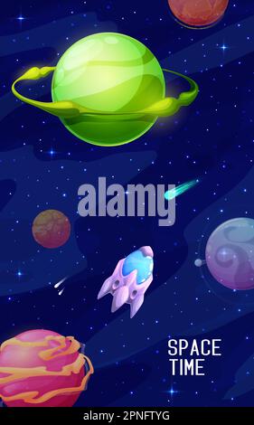 Spaceship between galaxy space planets and stars cartoon landscape, vector outer space travel, astronomy science. Fantasy universe starry sky with fut Stock Vector