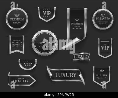 Silver luxury labels and banners. Vector set of seals, medals, award badges, best quality guarantee certificates, emblems and ribbons for product prom Stock Vector