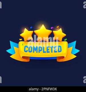 Game level complete badge or icon. Vector ui or gui interface element, reward popup stars with blue and gold banner. Award or bonus for mobile app, vi Stock Vector