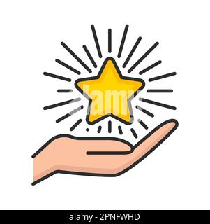 Bonus points star on hand icon, vector special offer of customer loyalty benefits, prize, reward or discount. Line gold star with shiny beams isolated Stock Vector