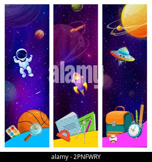 Space landscape banners, starry galaxy planets and spaceships ...