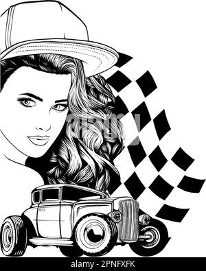 American custom retro cars vintage concept in monochrome style with checkered flags pretty mechanic girls and hot rods isolated vector illustration Stock Vector