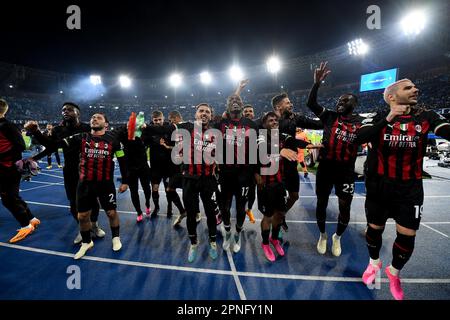 Naples, Italy. 18th Apr, 2023. AC Milan's players celebrate winning after the UEFA Champions League quarterfinal second Leg match between AC Milan and Napoli in Naples, Italy, on April 18, 2023. Credit: Daniele Mascolo/Xinhua/Alamy Live News Stock Photo