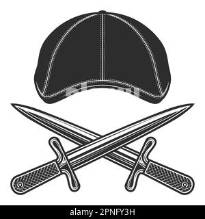 Flat cap gatsby tweed hat with gangster dagger knife vector vintage illustration Stock Vector