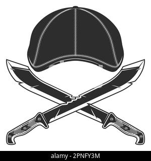 Flat cap gatsby tweed hat with machete sword vector vintage illustration Stock Vector