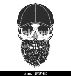 Skull in gangster gatsby tweed hat flat cap with beard and mustache vector vintage illustration Stock Vector