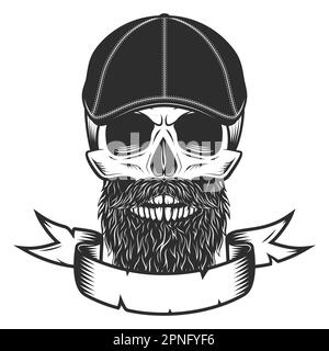 Skull with beard and mustache in gangster gatsby tweed hat flat cap with ribbon vintage vector illustration Stock Vector