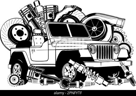 Off-road car. Off-roading suv adventure, extreme competition emblem and car club element. Beautiful vector illustration in monochrome color isolated Stock Vector