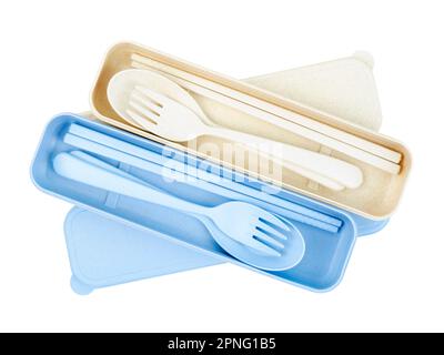 Plastic spoons, forks and chopsticks set isolated on white background. Saved clipping path. Stock Photo