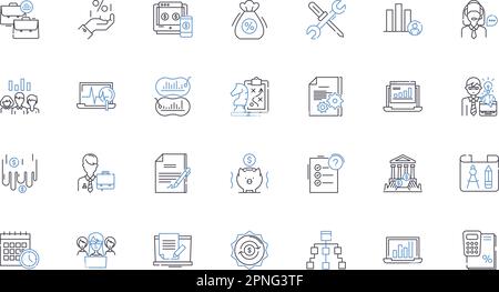 Fiscal proceeds line icons collection. Budget, Revenue, Income, Taxation, Expenditure, Public Funds, Treasury vector and linear illustration. Debt Stock Vector