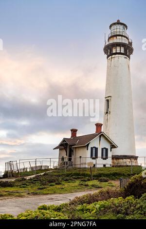 Pigeon Point Lighthouse is a lighthouse built in 1871 to guide ships on the Pacific coast of California. It is located on the coastal highway 1 near Stock Photo