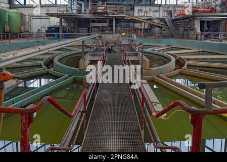 Water purification plant of a former paper factory, load hook in a water treatment plant, Lost Place, Bavaria, Germany Stock Photo