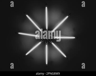 Black and white photograph, nostalgic ceiling light with neon tubes, Berlin, Germany Stock Photo