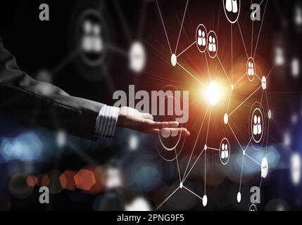 Presenting modern wireless technologies as means of communucation and networking on dark background Stock Photo