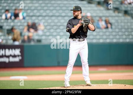 Salt Lake Bees starting pitcher Chase Silseth (29) delivers a pitch to the  plate against the Sacramento River Cats at Smith's Ballpark on April 1, 2023  in Salt Lake City, Utah. (Stephen