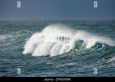 Big wave breaks in the open sea on the Breton coast near Brest, France ...