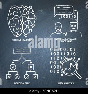 Data analysis and machine learning chalkboard icon set. Vector illustration. Stock Vector