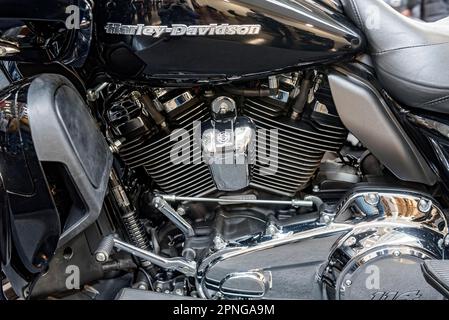 Engine block of a Harley-Davidson FLHXS Street Glide Special, House of Flames, Haley Davidson Motorcycles exhibition stand, iMOT international Stock Photo