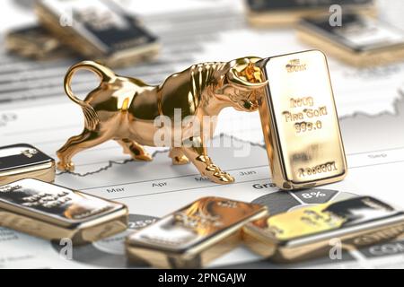 Golden ingot and bull on graph. Bull market trend in gold. 3d illustration Stock Photo