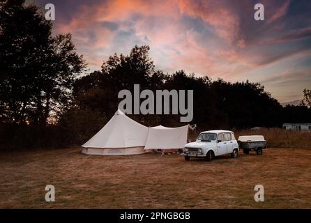 Renault 4L with trailer and bell tent, Stock Photo