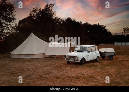 Renault 4L with trailer and bell tent, Stock Photo