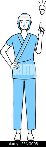 Female inpatient wearing hospital gown and bandage on head coming up with an idea, Vector Illustration Stock Vector