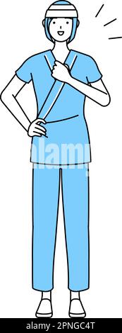 Female inpatient wearing hospital gown and bandage on head tapping her chest, Vector Illustration Stock Vector