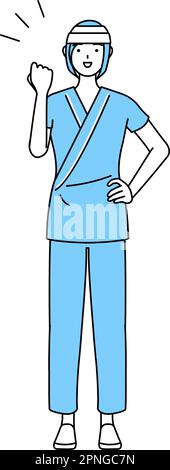 Female inpatient wearing hospital gown and bandage on head posing with guts, Vector Illustration Stock Vector