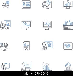 Data depiction line icons collection. Visualization, Infographic, Graph, Chart, Animation, Diagram, Map vector and linear illustration. Heatmap,Table Stock Vector