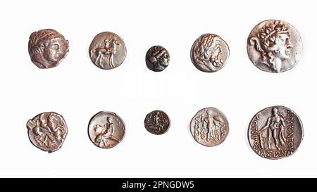 Ancient Greek coins 1st - 3rd century BCE. Left to Right 1. Patraos 340-315 BCE. 2. Calabria, Taras, 3rd Century BCE. 3. Euboia. Histiaia 3rd Century Stock Photo