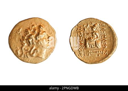 Ancient Greek gold coin 297-281 BCE. depicting  Alexander the Great and Athena Stock Photo