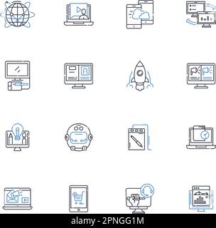 Telecommunications system line icons collection. Wireless, Fiber-optic, Nerk, Communication, Satellite, Broadband, Digital vector and linear Stock Vector