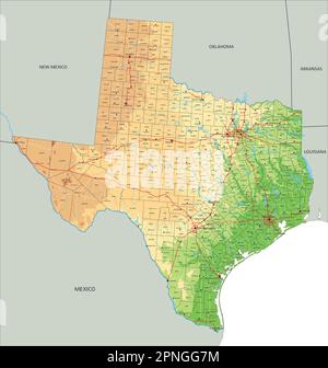 High detailed Texas physical map with labeling. Stock Vector