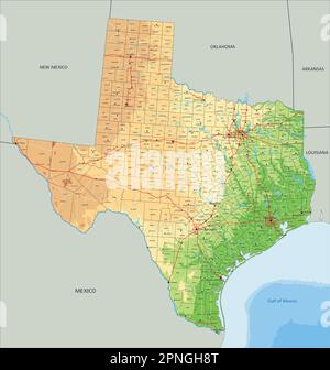 High detailed Texas physical map with labeling. Stock Vector