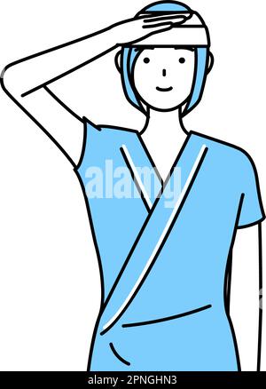 Female inpatient wearing hospital gown and bandage on head making a salute, Vector Illustration Stock Vector