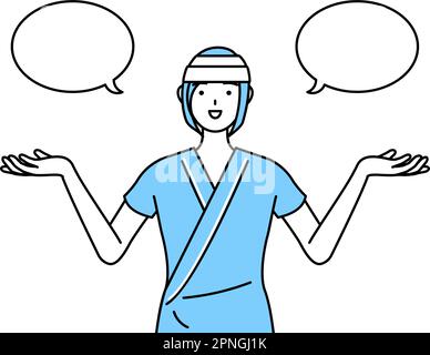 Female inpatient wearing hospital gown and bandage on head with wipeout and comparison, Vector Illustration Stock Vector