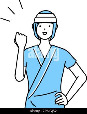 Female inpatient wearing hospital gown and bandage on head posing with guts, Vector Illustration Stock Vector