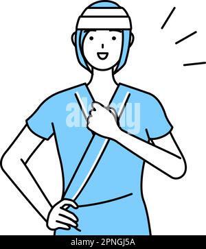 Female inpatient wearing hospital gown and bandage on head tapping her chest, Vector Illustration Stock Vector