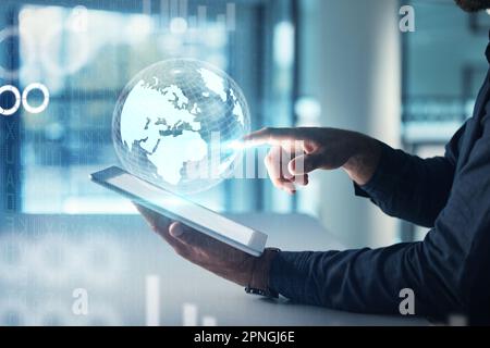Globe, tablet hologram and man hands in global networking, digital world overlay or futuristic business data. Holographic, futuristic technology of Stock Photo