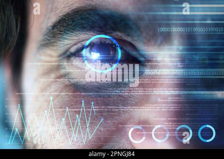 Identity, holographic or man with eye scan in digital cybersecurity ...