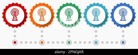 Antenna, wireles communication vector icon set, colorful infographic template, set of flat design badge icons in 5 color options Stock Vector