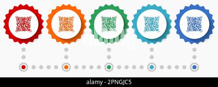 Qr code, shopping vector icon set, colorful infographic template, set of flat design badge icons in 5 color options Stock Vector