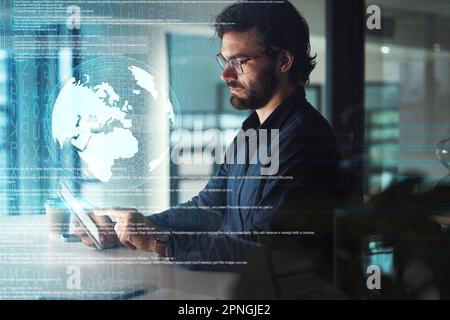 Globe, tablet hologram and business man in global network, digital world overlay or futuristic data analysis. Holographic, night technology and person Stock Photo
