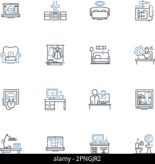 Desk line icons collection. Workspace, Organizer, Computer, Station, Table, Cabinet, Drawer vector and linear illustration. Chair,Pen,Paper outline Stock Vector