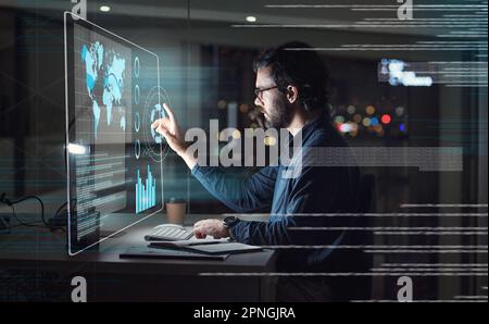 Computer screen, hologram and business man with digital data analysis, global coding and programming at night. holographic, software overlay of IT Stock Photo